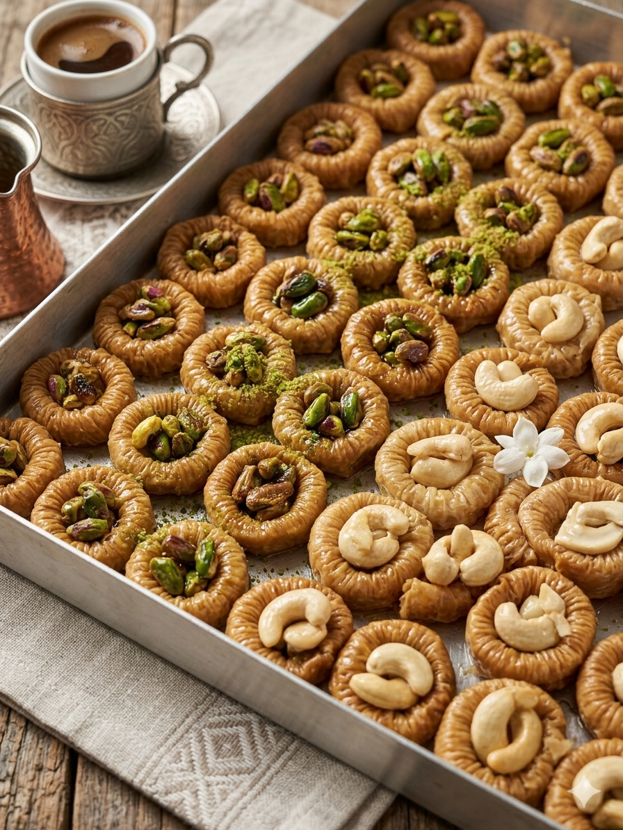 Lyxiga Baklava-cirklar med Pistage / إسوارة الست بالفستق والكاجو 