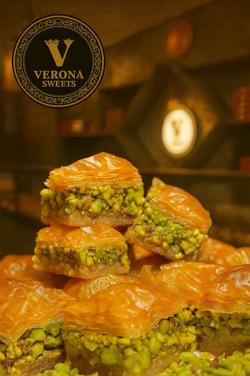بقلاوة بالفستق الحلبي الفاخر - Lyxig pistagebaklava متوفرة بأحجام 500g و 1000g - Verona Sweets